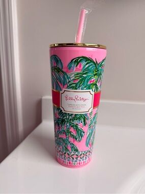 Lilly Pulitzer Pink Palm Print Tumbler with Gold Trim